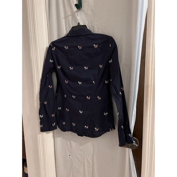 J Crew Dog Days Scottie Dog Navy Button Up Top Sz 4 Preppy Novelty Print Slim - Picture 7 of 8